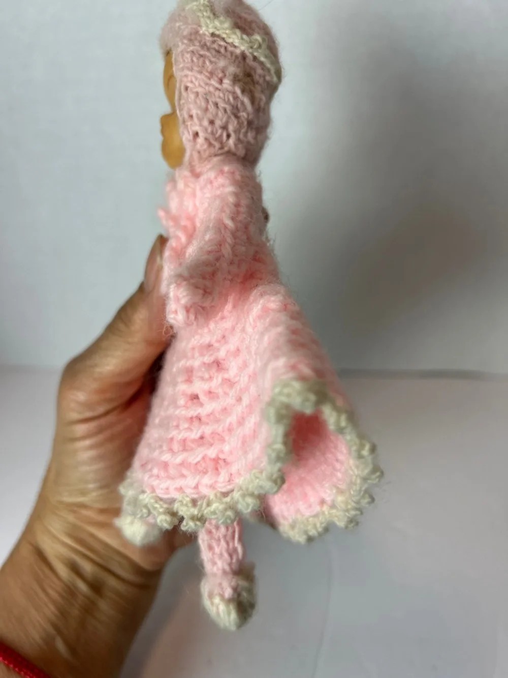 VTG Handmade Kewpie Blue Eyed Baby Doll Soft Vinyl Face Pink Crochet Kawaii 7